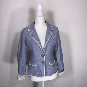 Pink Rose Blue Pinstripe Cotton Linen Blazer Crochet Lace Trim Floral Lining L